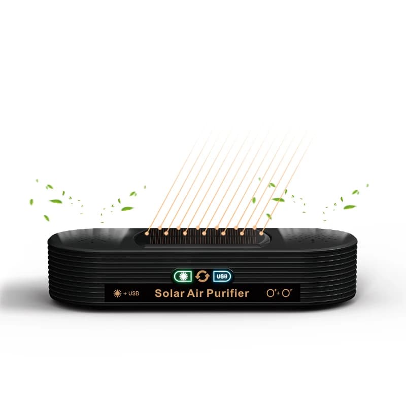 Purificatore d'aria per auto solare/USB | Alimentazione con interruttore automatico | Tecnologia sicura dell'ozono+Ion | Posizionamento compatto e flessibile | Nessun filtro/batteria necessaria