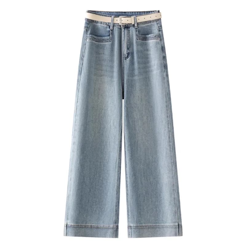 Jeans azzurri da donna, pantaloni dritti a nove punti piccoli dimagranti versatili alla moda autunnale