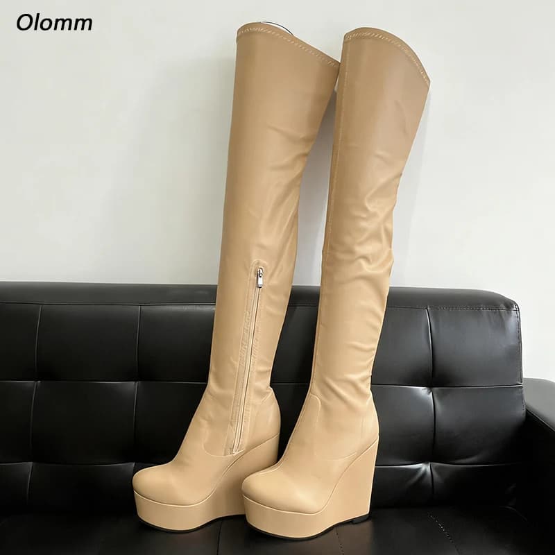 Olomm Women's Handmade Beige Over The Knee Boots - Wedge Heel - Platform Sole - Side Zip Closure Plus US Size 5-20