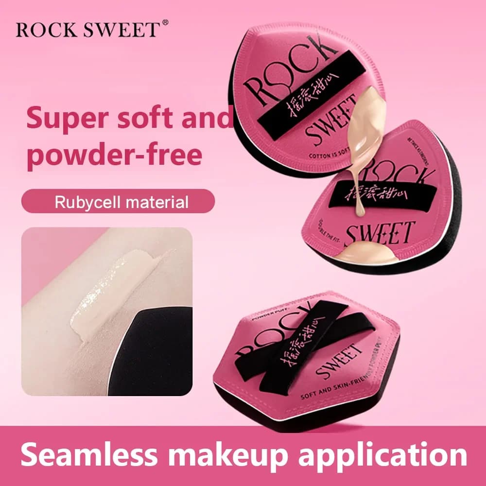 ROCK SWEET Set soffio per cipria da 3 pezzi - Applicatori per fondotinta bagnato e asciutto a doppio uso rosa morbido, spugna per trucco e design alla moda