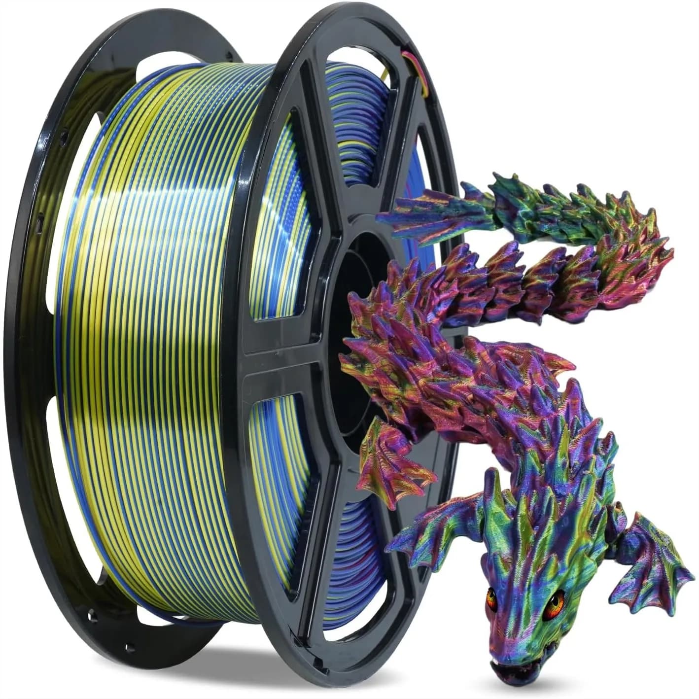 Filamento PLA Tricolore Effetto Seta 1.75mm, Coestrusione Rosso Giallo Blu Arcobaleno per Stampante 3D con Effetto Multicolore Cangiante