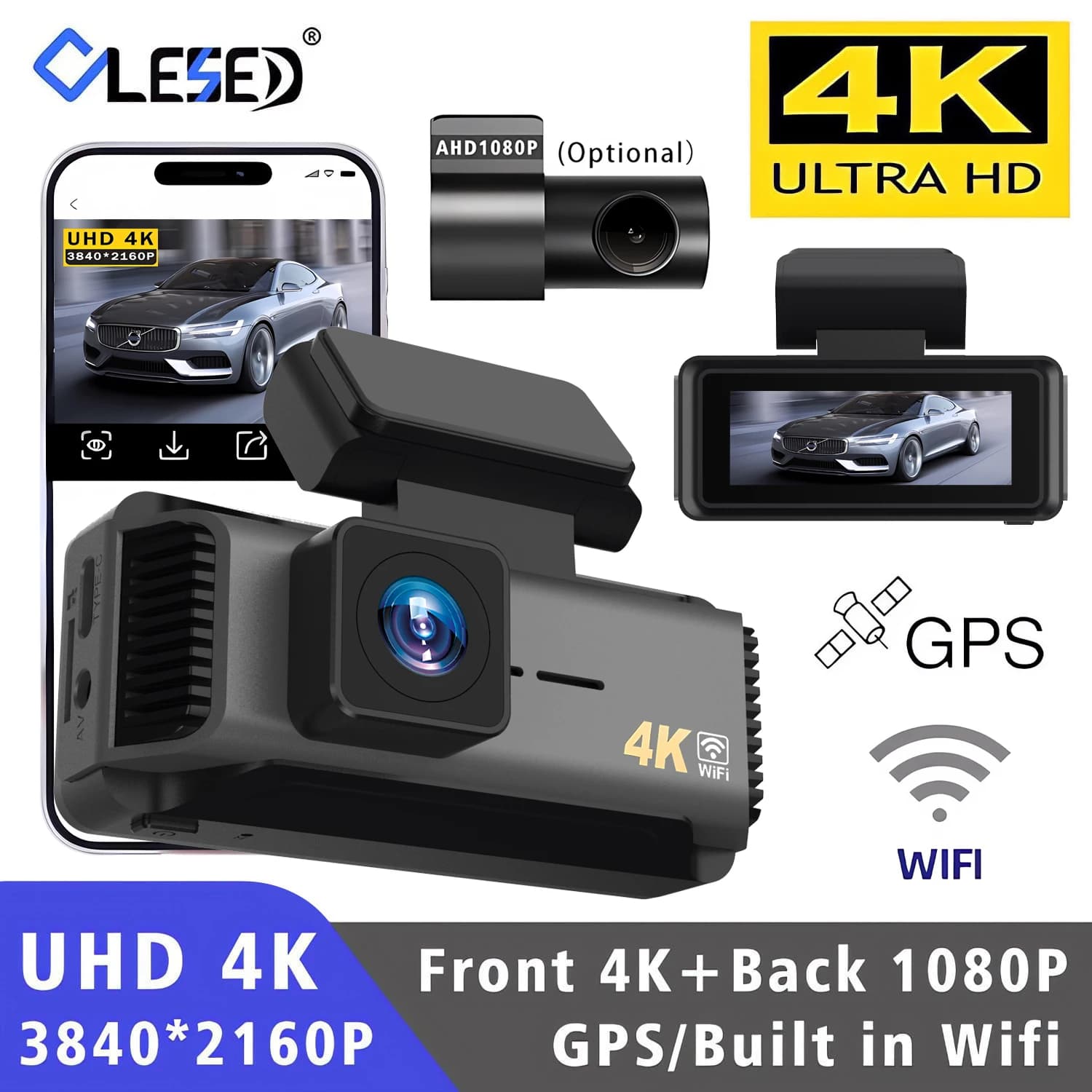 Telecamera per Auto 4K 5G WIFI GPS Mini Dash Cam con Doppia Lente Anteriore e Posteriore, Registratore Video con Visione Notturna