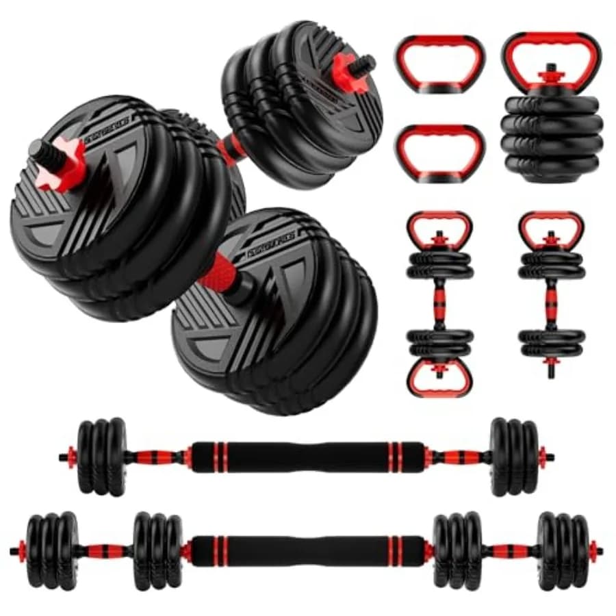 Set di Manubri Regolabili, 10/20/30/45/70/90 libbre, Set Multifunzione 5 in 1 Convertibile in Bilanciere e Kettlebell, Pesi S
