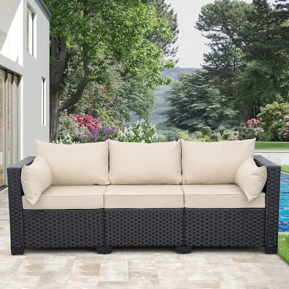 Divano da Esterno a 3 Posti in Vimini, Mobili da Giardino, Seduta Profonda, Schienale Alto, Copertura Impermeabile, Cuscini Antiscivolo