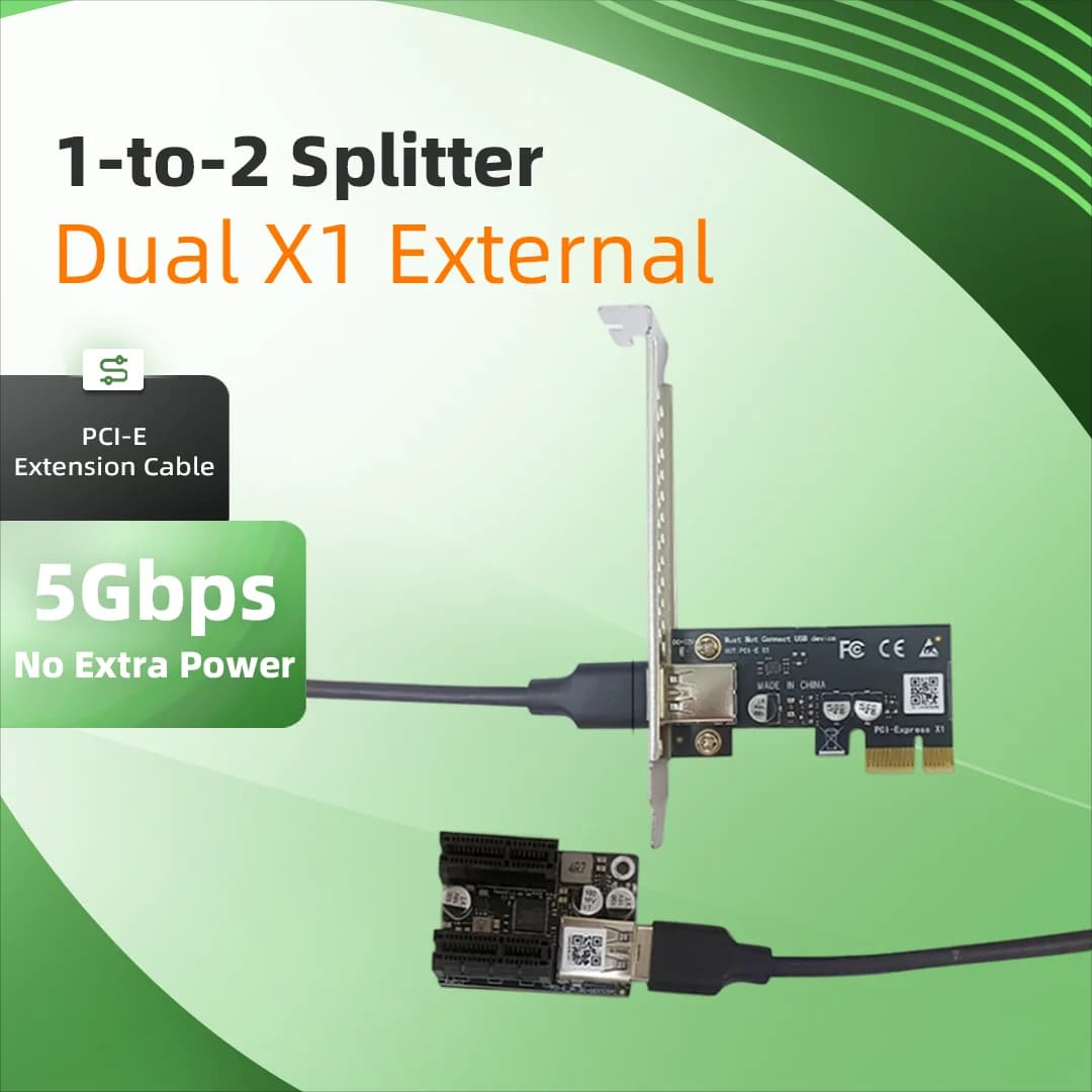 PCI-E 1 to 2 Splitter Extension Cable PCIe X1 to Dual X1 External Riser Card No Extra Power Supply For GPU Capture Card