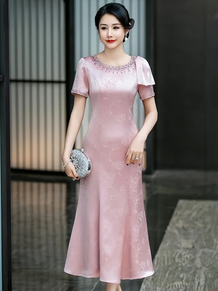 Elegante Abito da Sposa in Stile Cinese per la Madre della Sposa, Nuovo Arrivo Estivo, Gonna a Coda di Pesce a Vita Alta, Manica Corta, Collo Tondo