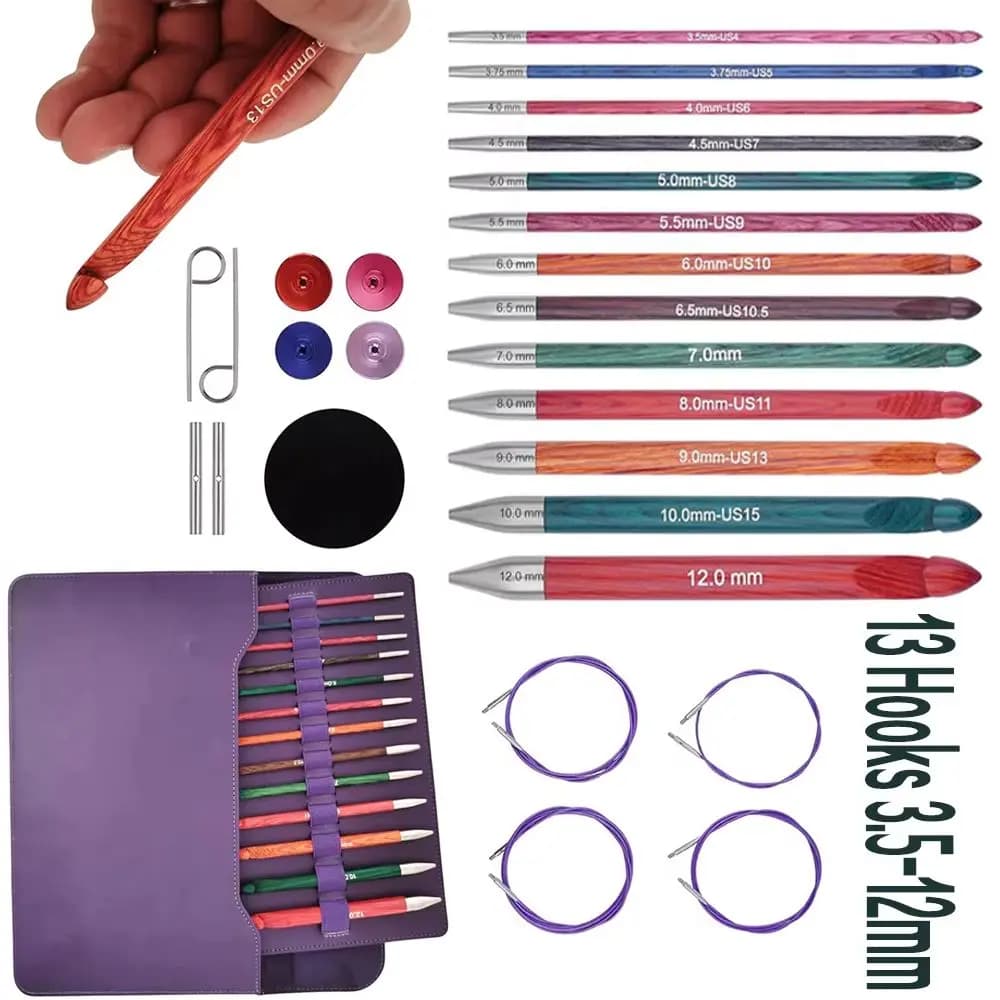Set di uncinetti in legno tunisini intercambiabili da 3,5-12,0 mm Set di uncinetti per tappeti con ago per tessitura circolare multicolore per regalo
