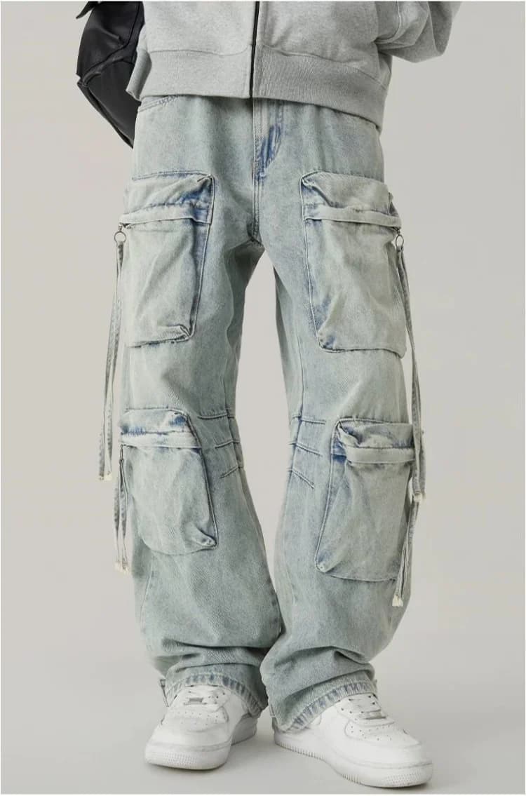 2026 American Retro Y2K Style Washed Blue Baggy Cargo Jeans Pants Men Clothing Multi Pockets Distressed Straight Denim Trousers