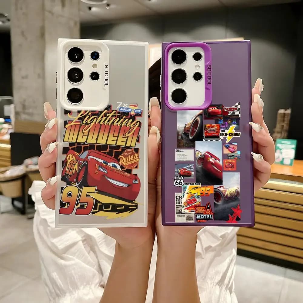 Custodia per telefono in silicone colorata argento per Samsung Galaxy S25 Edge S24 S23 S22 S21 S20 Ultra, con design Lightning Cartoon M-McQueen