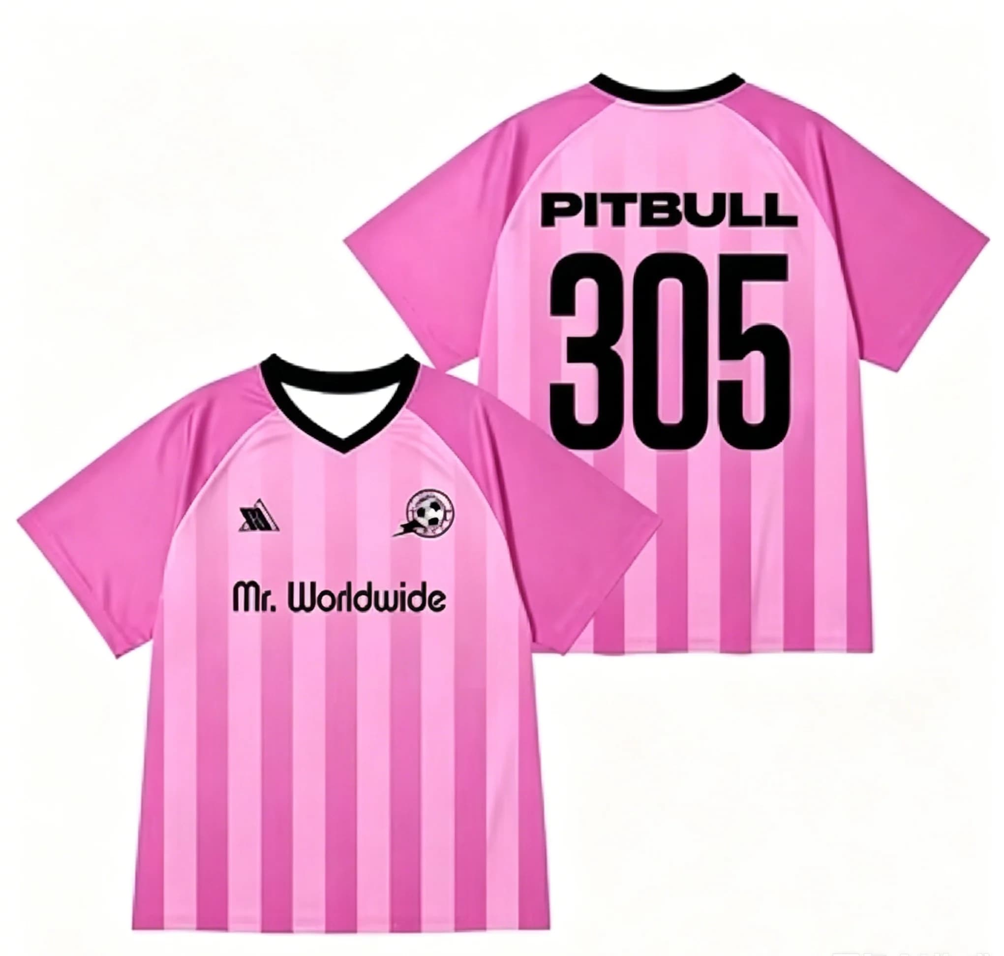 Unisex Pink Stripe V Neck Soccer Jersey, Mr Worldwide 305 Print Retro Football Short Sleeve Tee