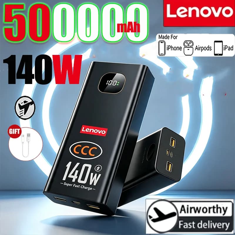 Lenovo 500000mAh CCC Portable Large Capacity 140W Power Bank Super Fast Charging Battery Charger For Xiaomi iPhone