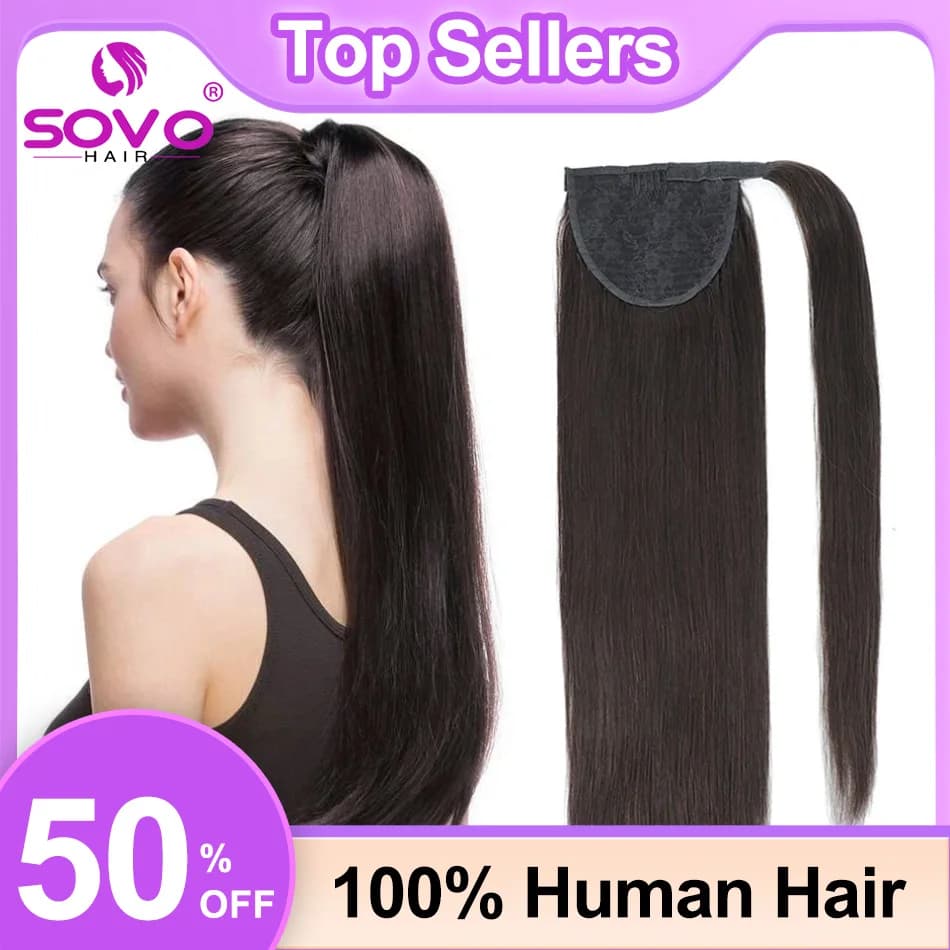 SOVO Coda di cavallo Capelli umani Avvolgenti Equiseto Estensioni dei capelli europei lisci Biondi Capelli umani Remy Coda di cavallo lunga 60-120G