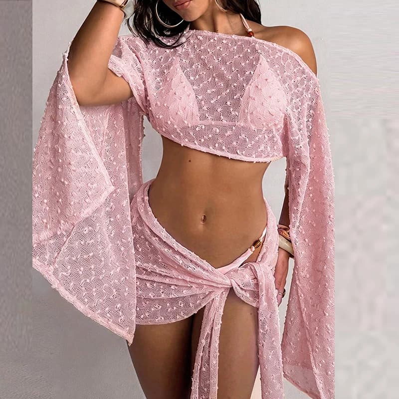 Elegant Draped Perspective Solid Slim 2Pc Suit Slanted Shoulder Cover up Top & Belted Set Casual Long Sleeve Women Beach Outfits