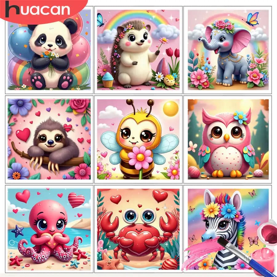 HUACAN Painting by Number Kits Panda Balloons Flowers Cartoon Style DIY Oil Drawing Animal