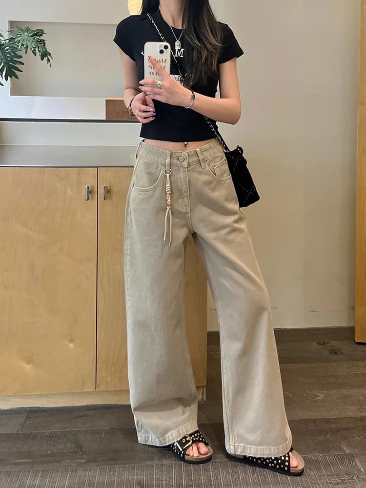 High Waist Straight Leg Denim Jeans Women's Summer New Style Milk Tea Color Loose Fit No Stretch Slimming Wide Leg Pants
