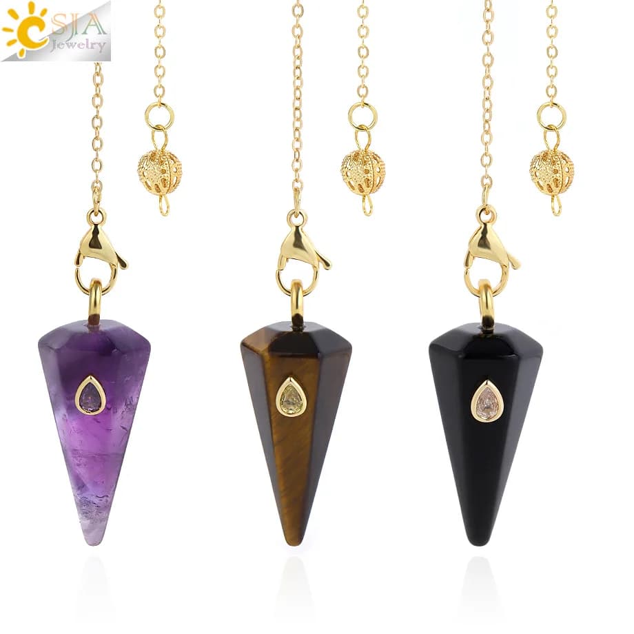 CSJA Crystal Pendant Pendulum Spiritual Cone Amethyst Pink Quartz for Divination Dowsing Natural Stone Pendants Pendulos H946