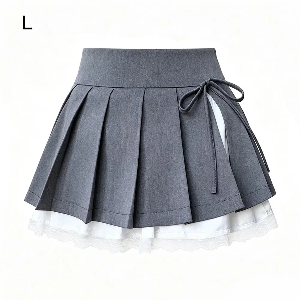 Lace Paneling Pleated A-Line Skirt Built-in Shorts Side Slit Lace Trim Skirt Polyester Lining Plaid Mesh Stitching
