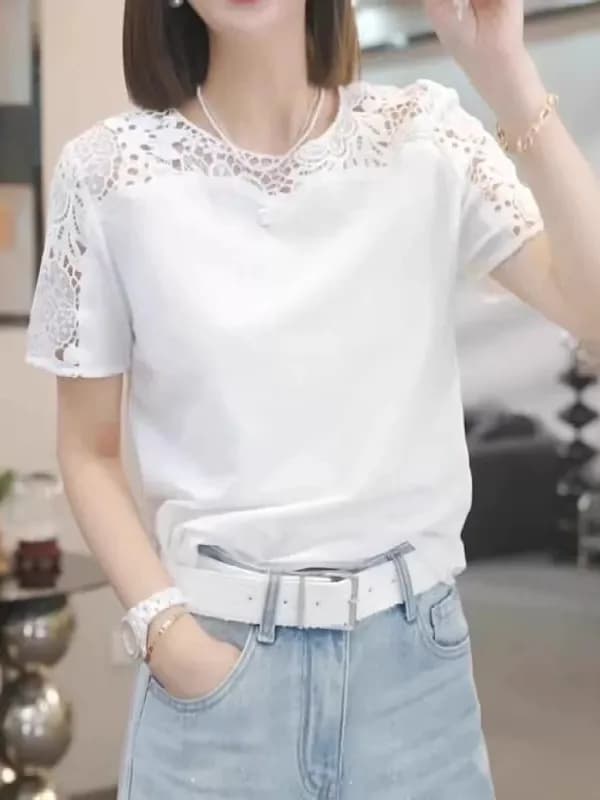 Lace Splicing Pure Cotton Short Sleeve T-Shirt Women's Summer plus Size Beautiful Unique Creative Style Korean Version round ...