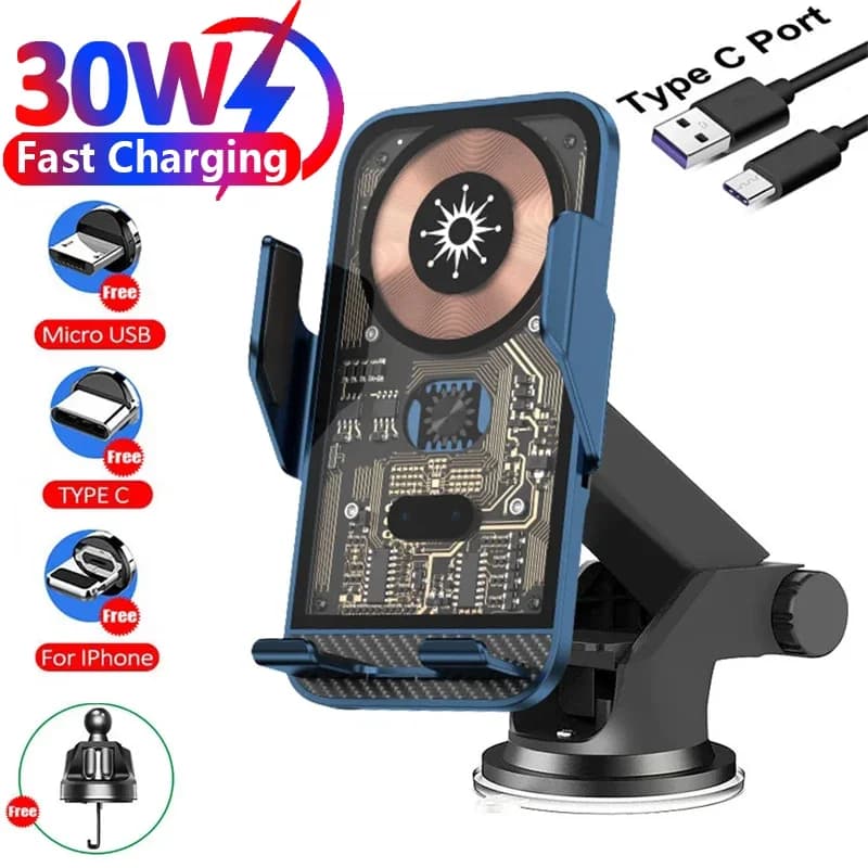 Supporto per telefono con montaggio automatico per caricabatterie wireless per auto da 30 W per iPhone 15 14 13 12 Samsung Xiaomi Supporto di ricarica rapida a induzione a infrarossi
