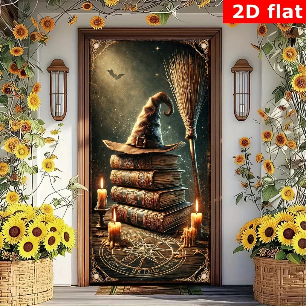 Banner per Porta 2D 1 Pezzo con Cappello da Strega e Scopa in Poliestere, Decorazione Artistica per Interni/Esterni, Tenda per Porta per Casa e Ufficio