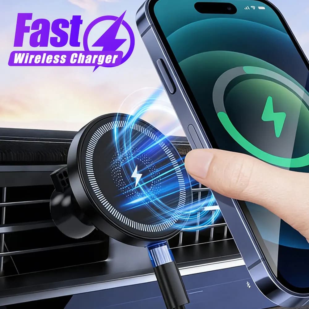 Magnetic phone stand with 30 W wireless car charger for iPhone 17 16 Pro Max 15 14 13 Fast charging cell phone bracket