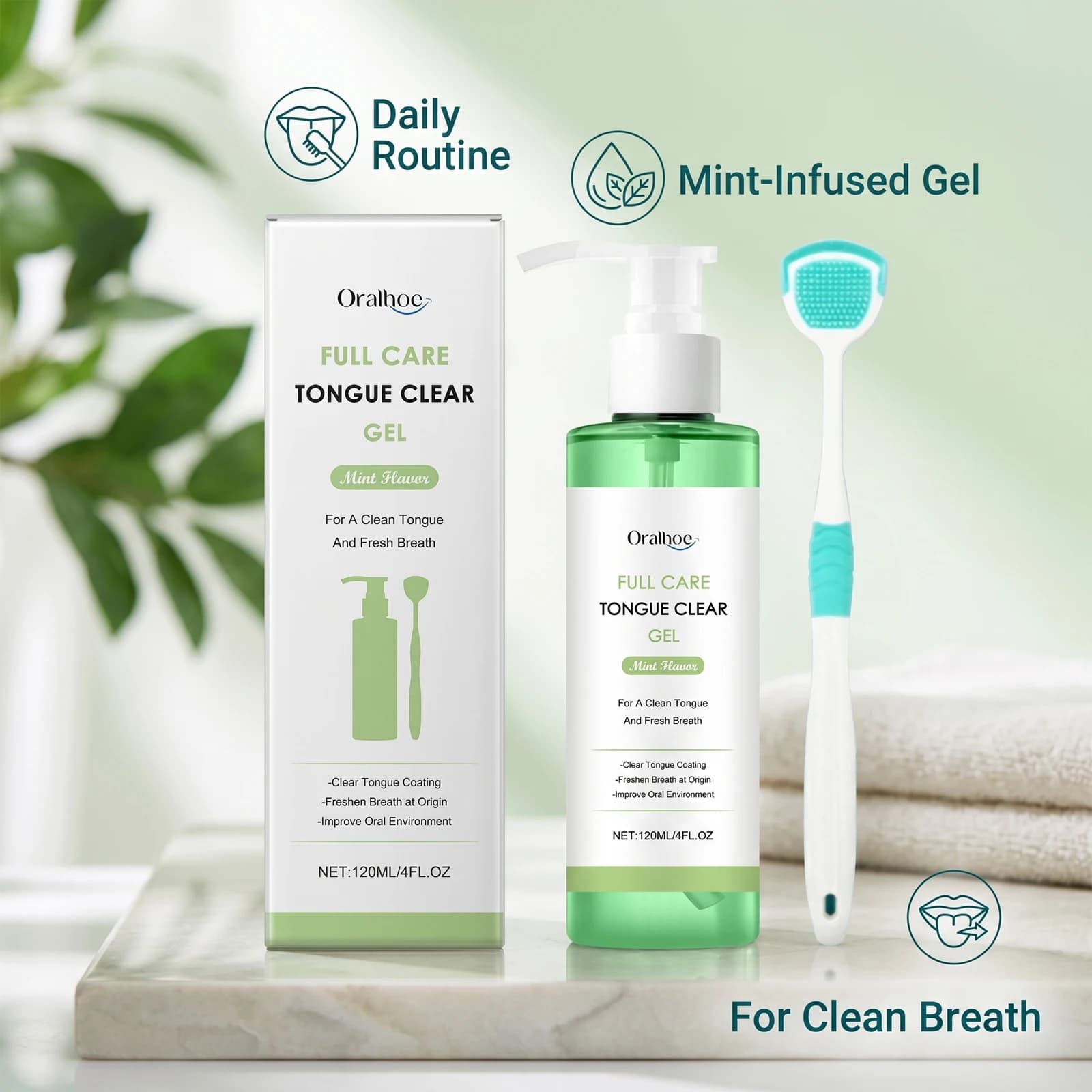 Tongue Clear Gel Kit Remove Tongue Coating Eliminate Bad Breath Mint Tongue Cleaning Gel with Soft Silicone Tongue Scraper Brush