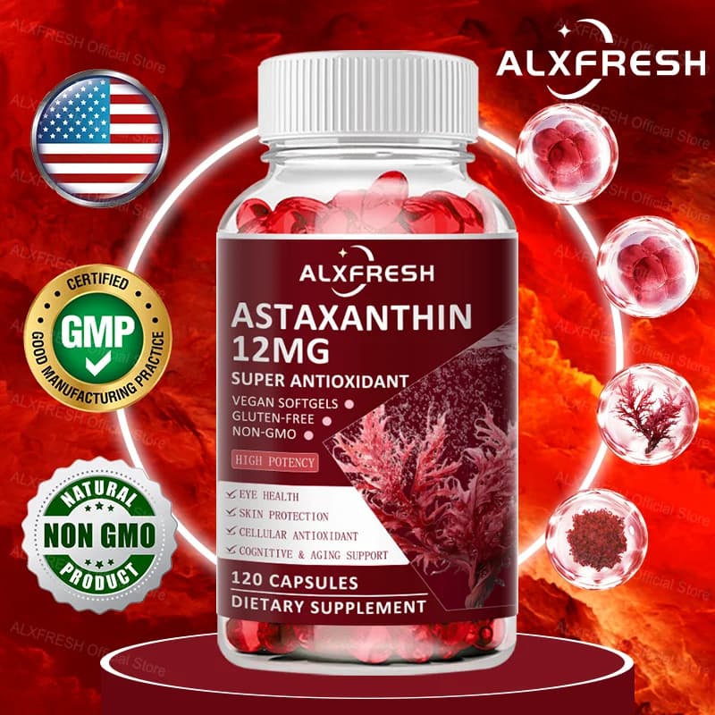 Astaxantina 12mg per antiossidante cellulare, occhi, cervello cognitivo con luteina, vitamina E e zinco Integratore naturale puro non OGM