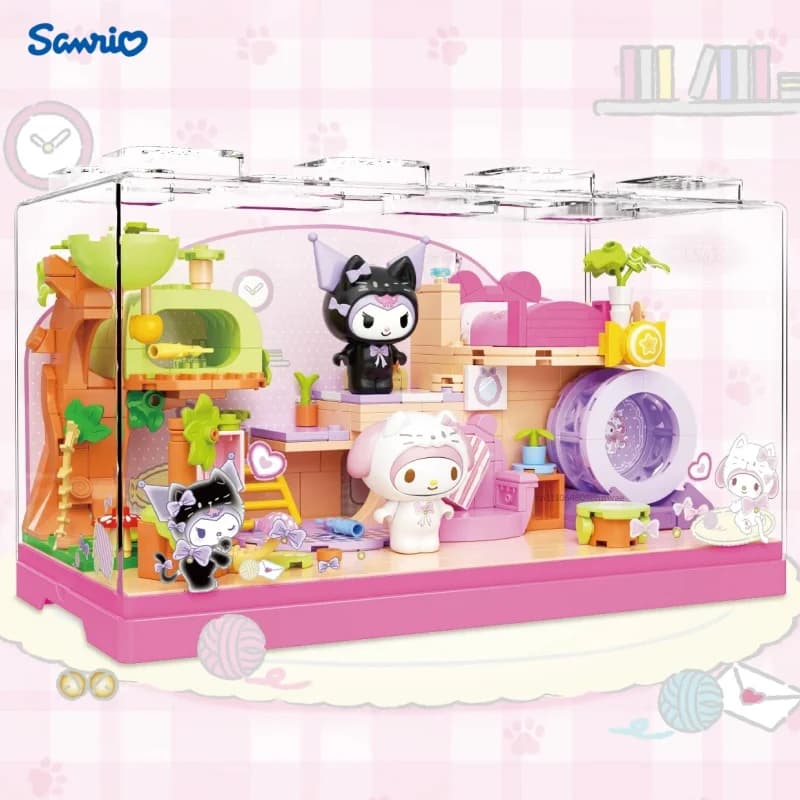 Serie Sanrio Family: Blocchi da Costruzione, Modellino 'Tempo Libero di Meow Meow', Ornamento My Melody Kuromi, Giocattolo Regalo per Bambini