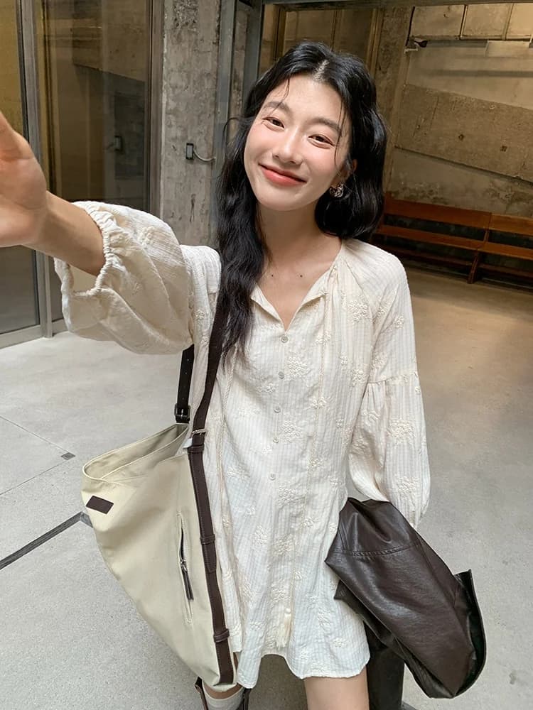 Elegant Long Sleeve Shirt Dress Women's Spring New High-End Chiffon Dress Casual V-neck A-line Skirt for Vacation