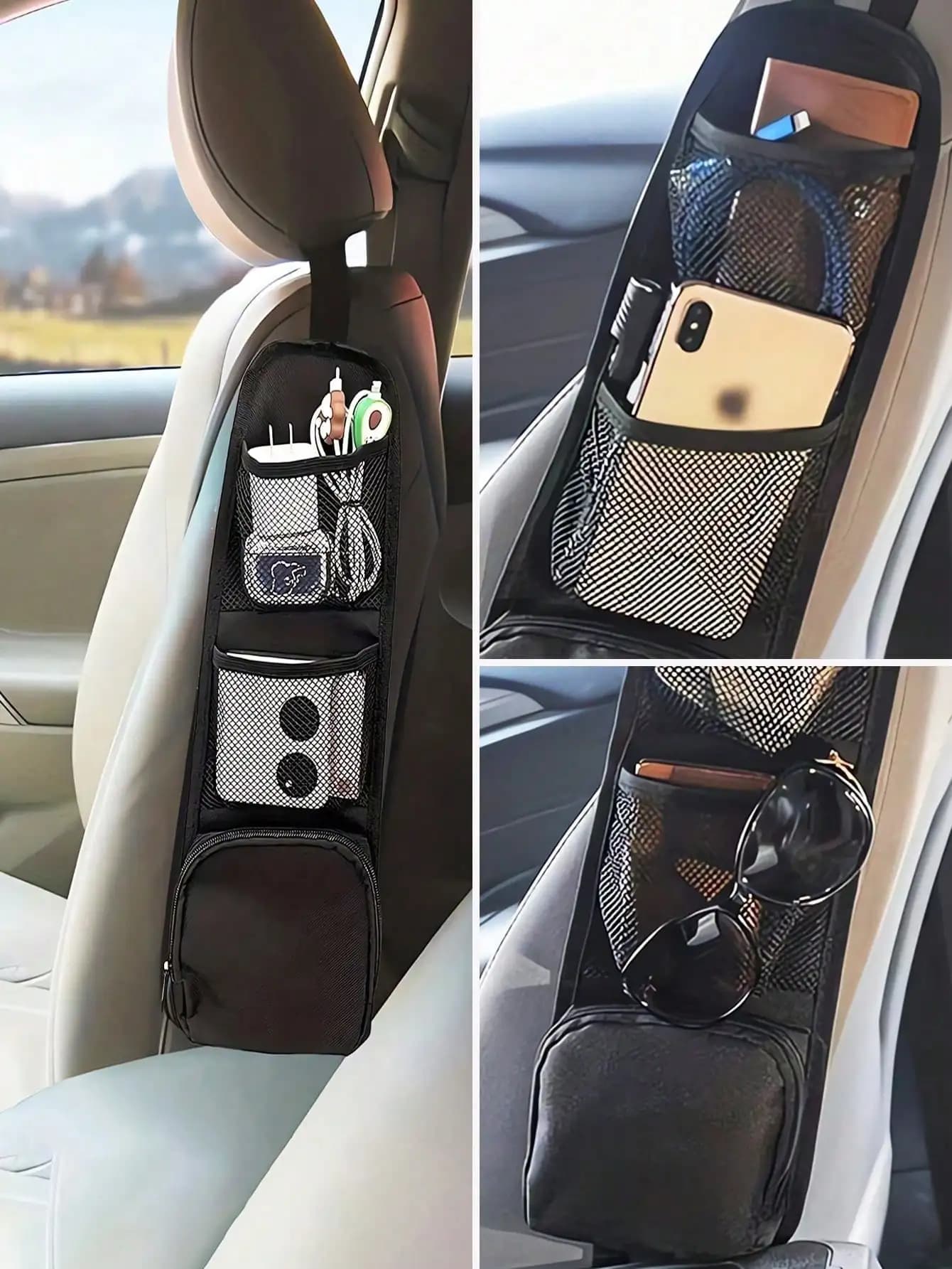 Organizer per Sedile Auto Nero con Tasche Multiple, Scomparto in Rete e Tasca con Cerniera per Telefono, Occhiali da Sole, Cavi