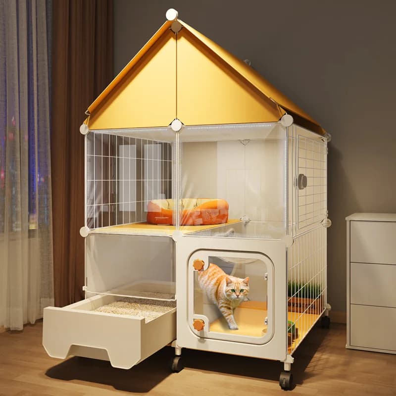 Gabbia Trasparente per Gatti con Lettiera Integrata, Cuccia Multifunzionale per Interni, Design 1 Stanza 1 Bagno, Villa Compatta per Gatti per Tutte le Stagioni