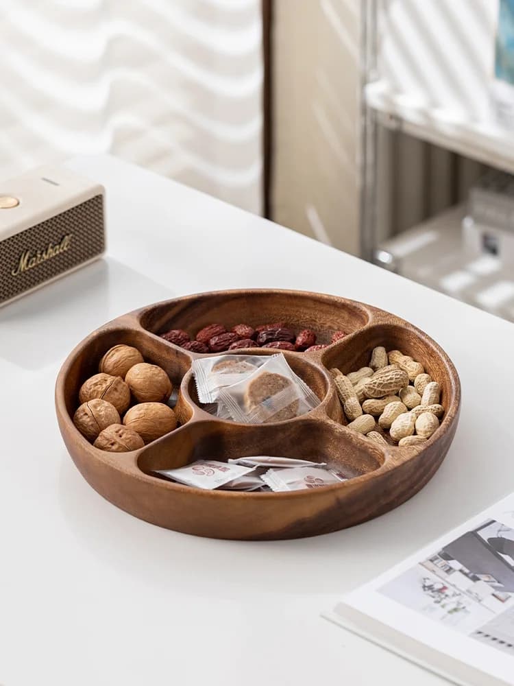 New Chinese Style Walnut Wood Dried Fruit Plate Home Snack Plate Windmill Four Grids Wooden Whole Wood Grid Dessert Plate