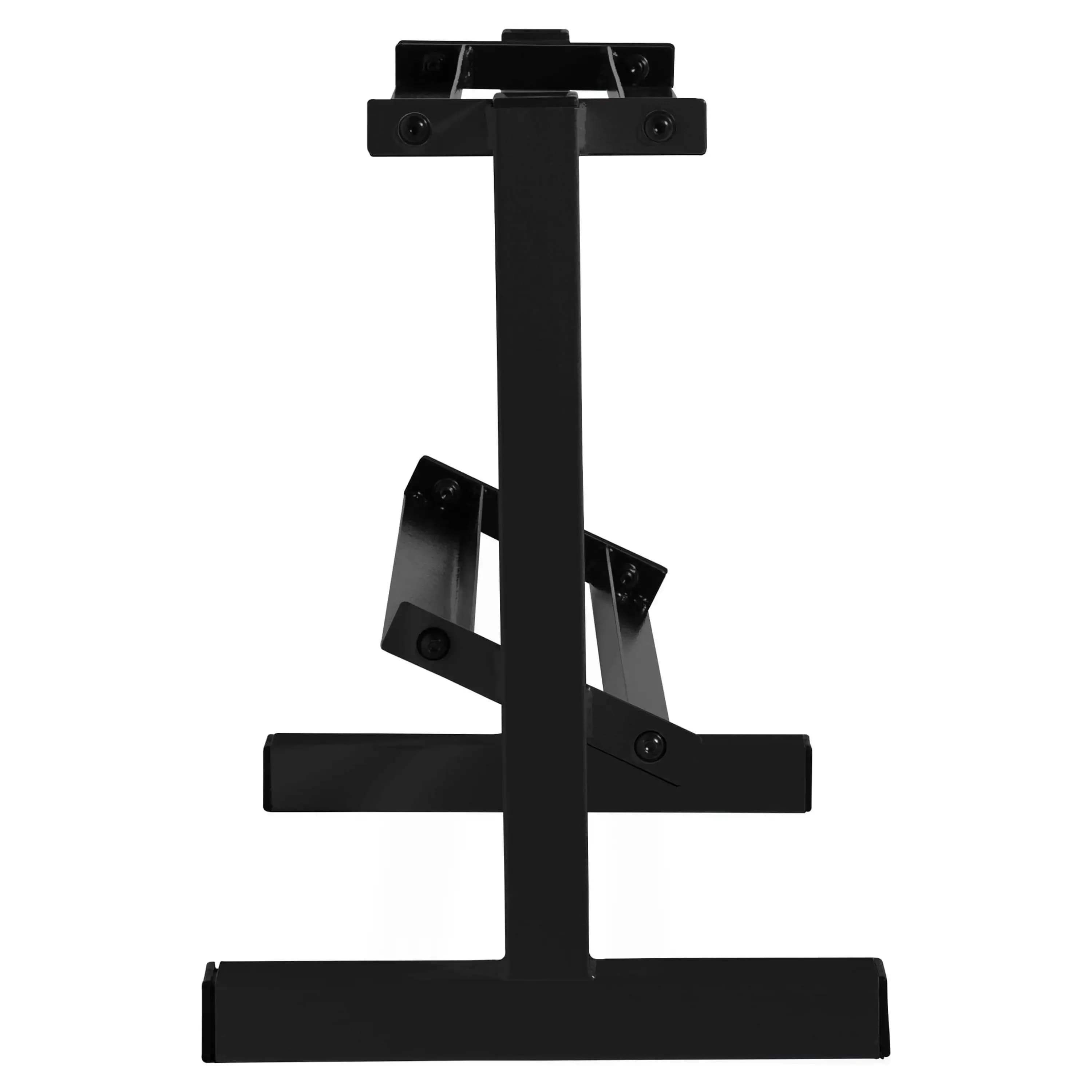 24 inch two-tier handlebar support, black steel organizer to store items in home gym, compact weight and kettlebells