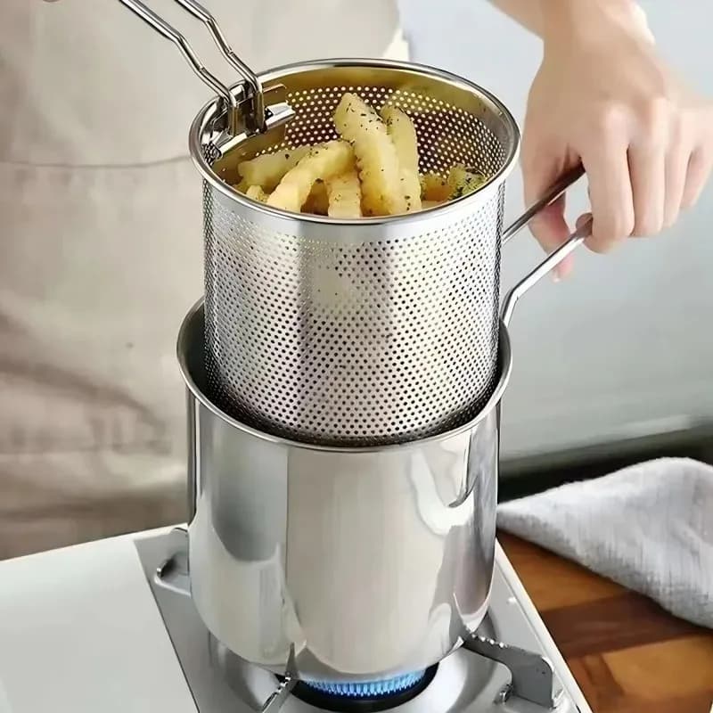 Pentola per Frittura Profonda con Colino, Friggitrice da Cucina in Acciaio Inox, Padella per Tempura, Utensili per Friggere Pollo