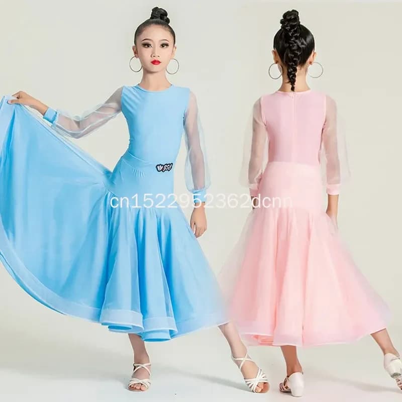Standard dance show clothing for waltz for girls, tango dance costume in two pieces, blue pink ballroom dresses