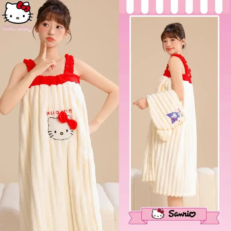 Nuovo Accappatoio da Bagno per Ragazze con Bretelle, Assorbente, con Cappuccio per Capelli Asciutti, Stile Kawaii, per Adolescenti e Studentesse, con Motivo Cartone Animato Anime Hello Kitty