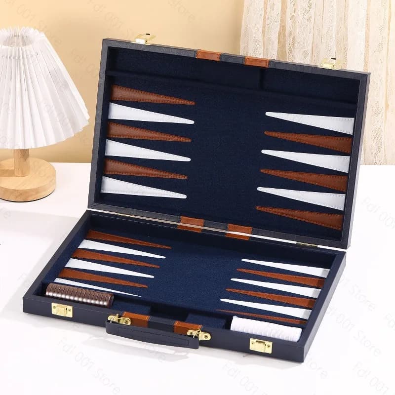 Backgammon Set In PU Leather Box Portable Travel Game Gift Case