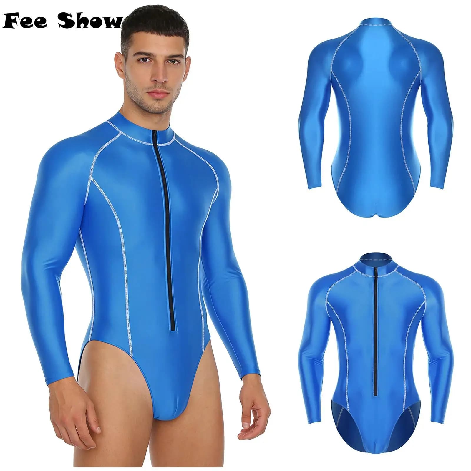 Body Lucido da Uomo con Collo Alto, Maniche Lunghe, Zip Frontale, Tuta Intera per Surf, Nuoto, Bodybuilding e Allenamento