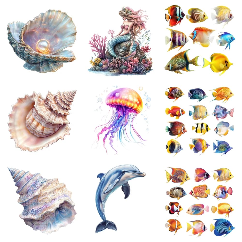 15 cm Bambini Sea World Animale Medusa Cavalluccio marino Ferro su DTF Adesivo per trasferimento di calore T-shirt fai da te Termoadesivo per trasferimento Stampa decalcomania