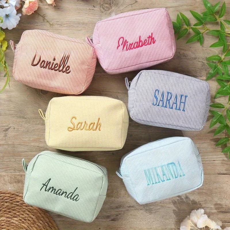 Borsa da toilette da viaggio a righe ricamata personalizzata - Conservazione cosmetica portatile in poliestere personalizzata per dormitorio scolastico di viaggio o casa