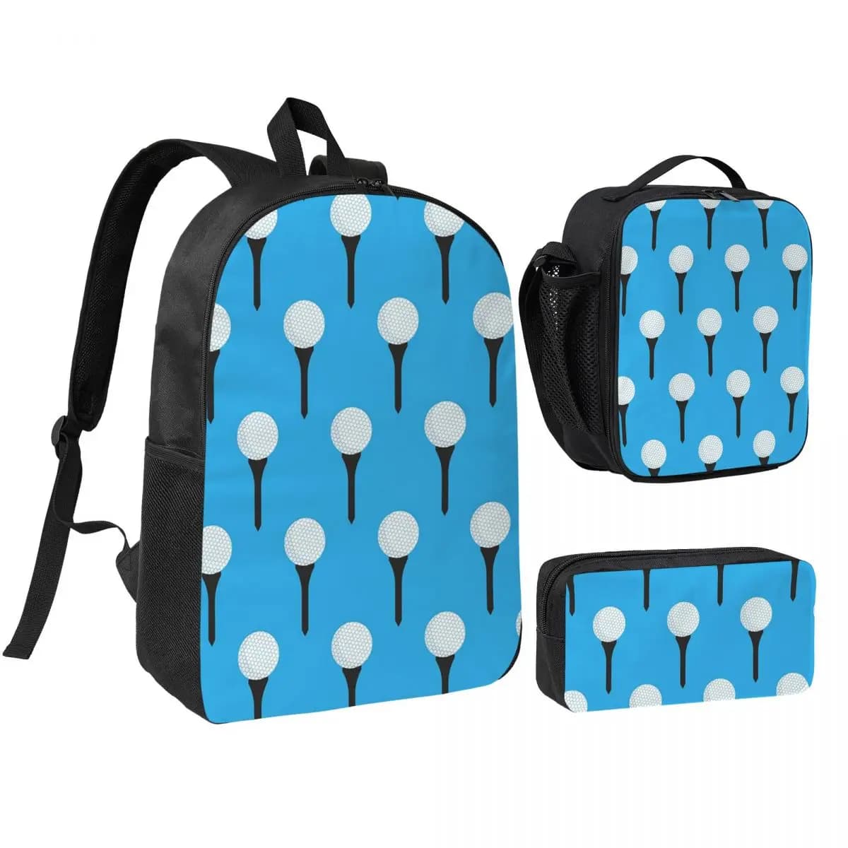 Zaino con motivo pallina da golf e tee (blu ciano), borsa per libri per studenti, borsa da scuola, borse a tracolla, 3 pezzi, borsa termica per il pranzo, astuccio per matite