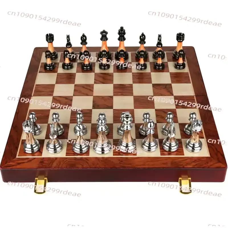 45CM Luxury Metal Chess Figures Wooden Chess Set Professional Folding Family Classic Board Games Chess Home Ornaments Collection