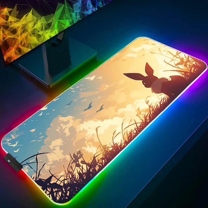 Tappetino per mouse retroilluminato RGB 90x40 cm P-Pokemon Eevee Anime Gabinete Gamer Computer Tappetino da scrivania a LED Tastiera Accessori da gioco Mousepad