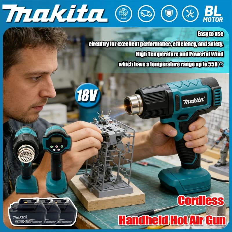 Pistola ad Aria Calda Senza Fili Makita con Temperature Regolabili e 3 Ugelli, Utensile Elettrico per Batterie al Litio 18V