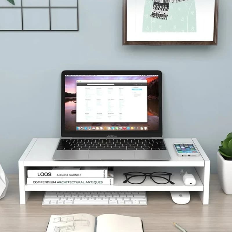 Ergonomic Laptop Stand Riser Adjustable Computer Monitor Holder Desk Organizer Office Wooden Storage Rack Space-Saving