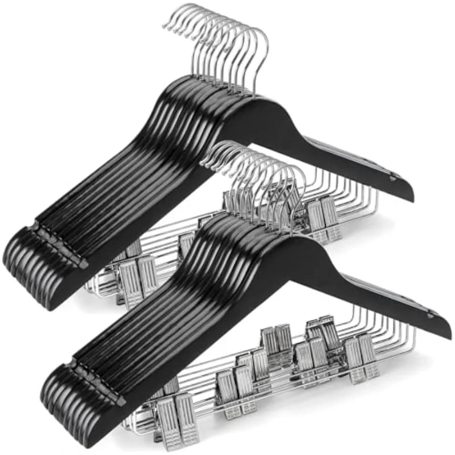 Appendiabiti in legno con clip metalliche regolabili, appendiabiti in legno massello 360 ° Ganci Girevoli Premium per Appendere Giacche e Capi di Abbigliamento