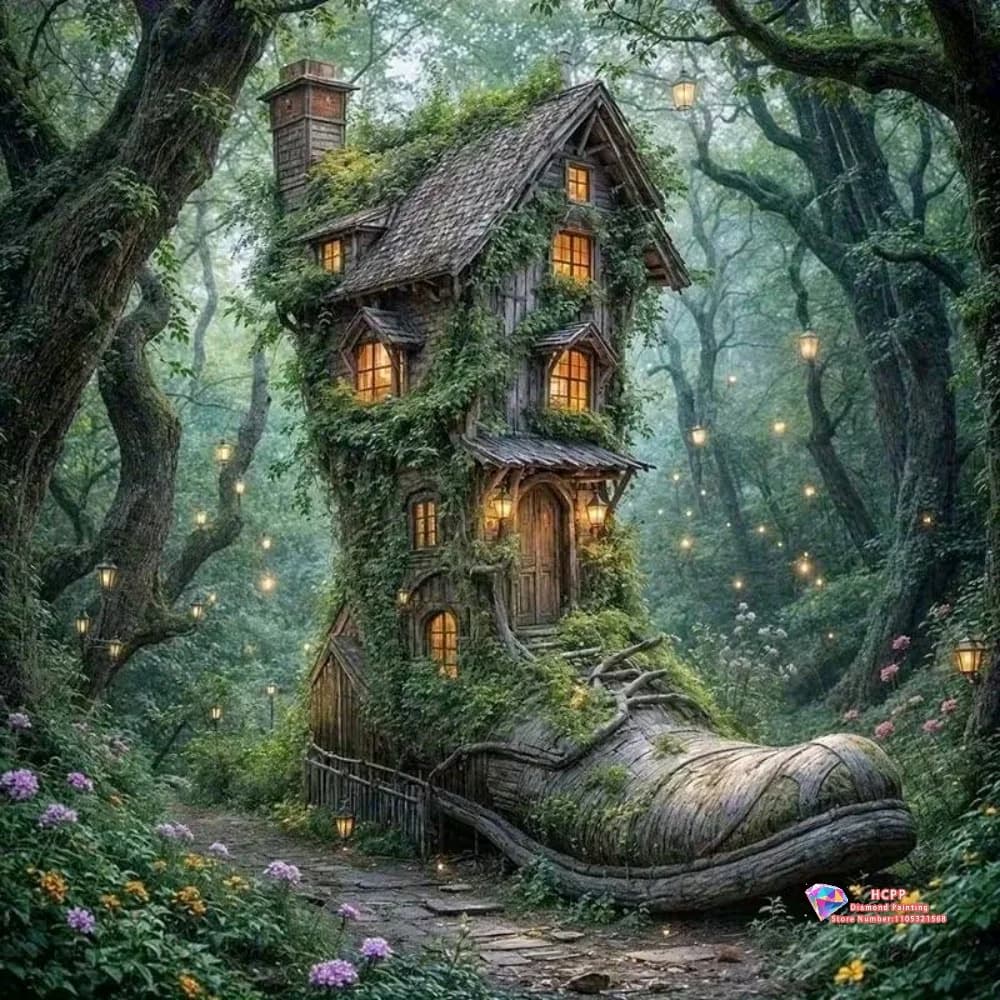 Set Pittura Diamante 5D Fai da Te Casa delle Scarpe nel Bosco Incantato con Lanterne e Fiori, con Diamanti Quadrati e Rotondi, Regali Artigianali