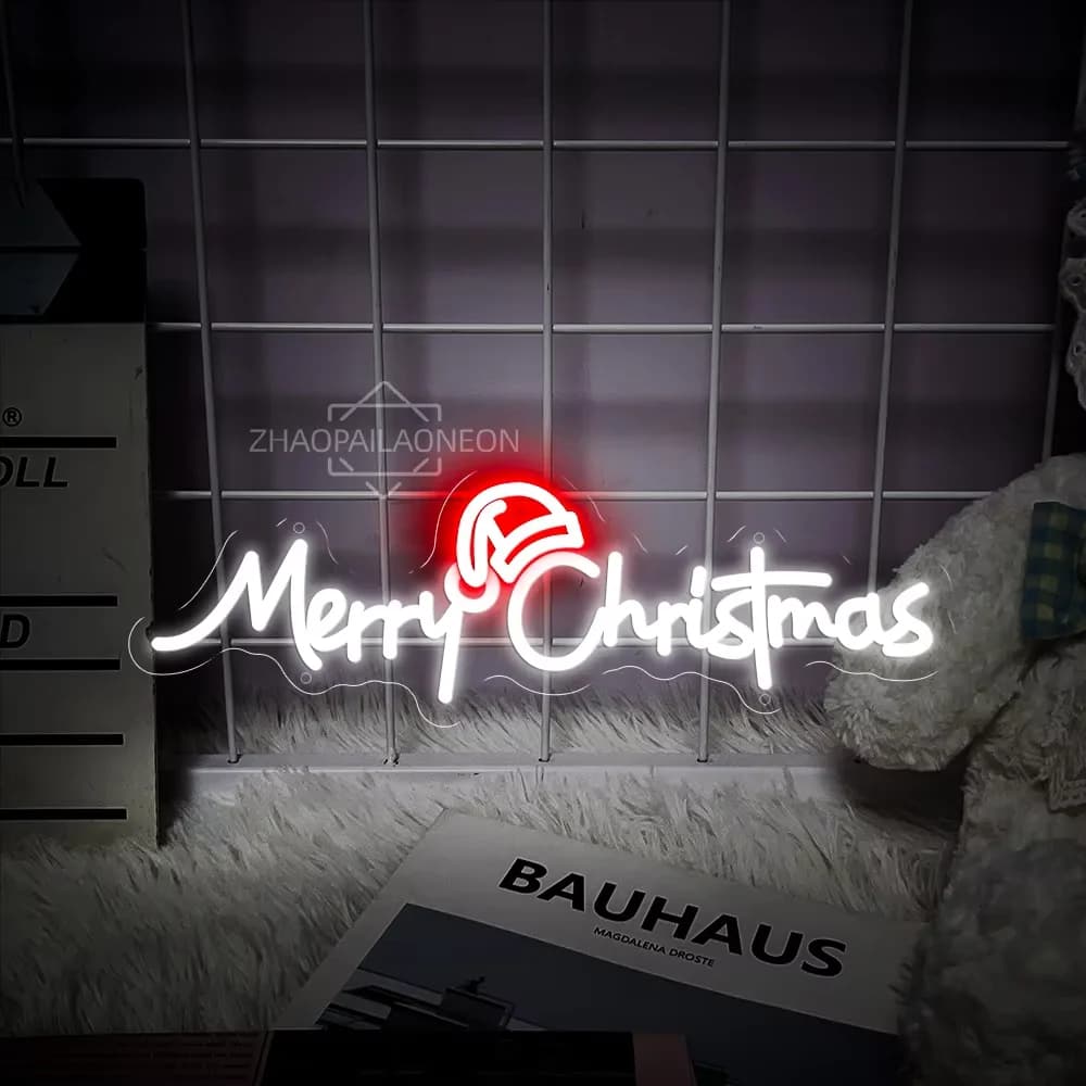 Buon Natale Luci a LED Insegna al neon Cappello da Babbo Natale Decorazioni natalizie Camera da letto Arte della parete Luce notturna natalizia Luce al neon Regali per bambini
