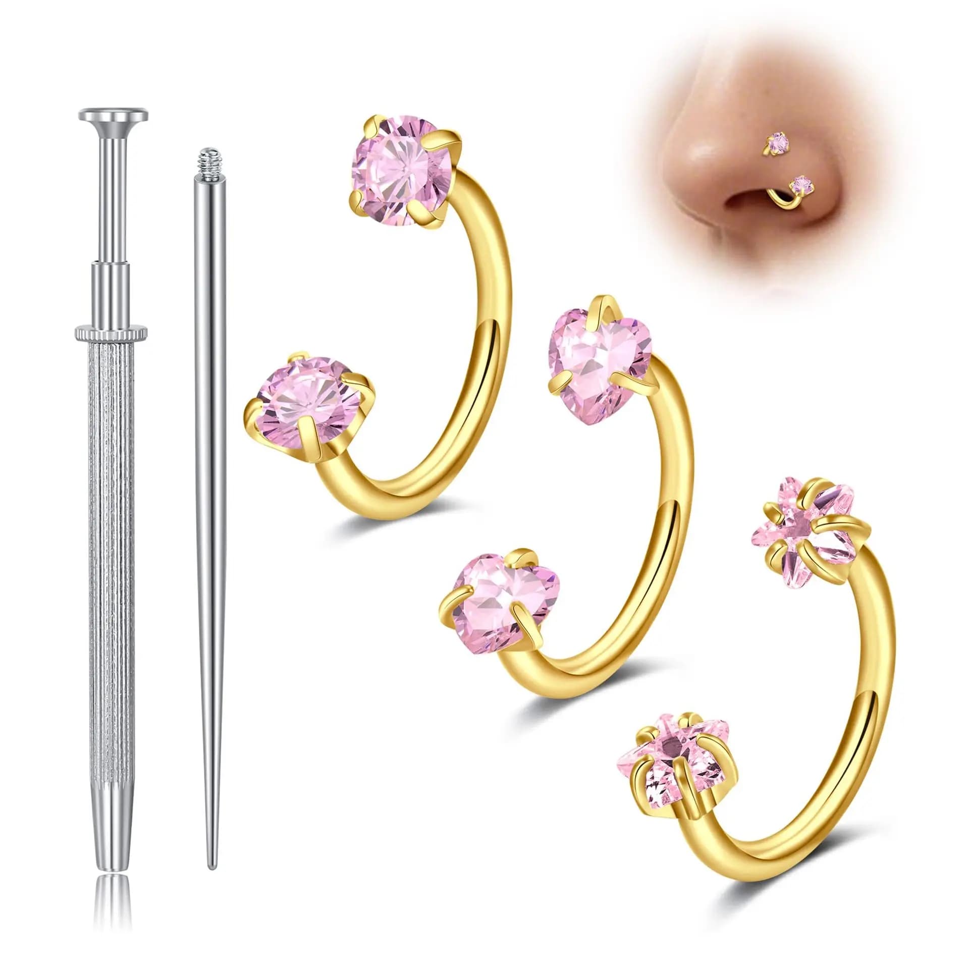 Horseshoe Nose Rings for Women Men Double Gem Nose Rings Stainless Steel Cartilage Earrings Set Nose Screw Nose Piercing Jewelry