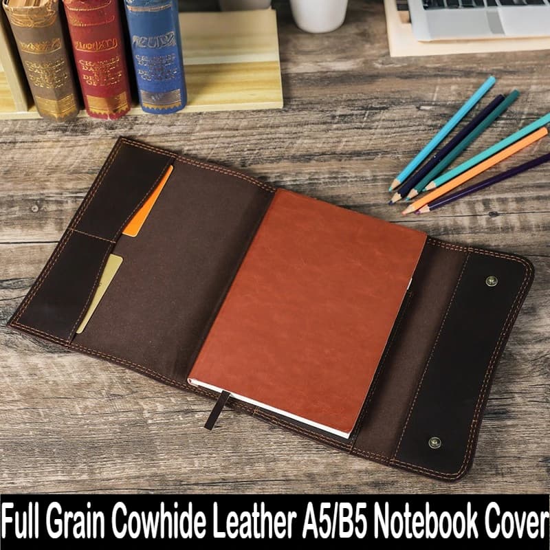 Vintage Coffee Full Grain Cowhide Leather A5/B5 Notebook Sleeve Handmade Flip Cover Office Journal High-Qual Durable Protector